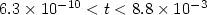 $6.3 \times 10^{-10} < t < 8.8 \times 10^{-3}$